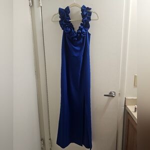 Elegant Blue Ruffle Neck Gown